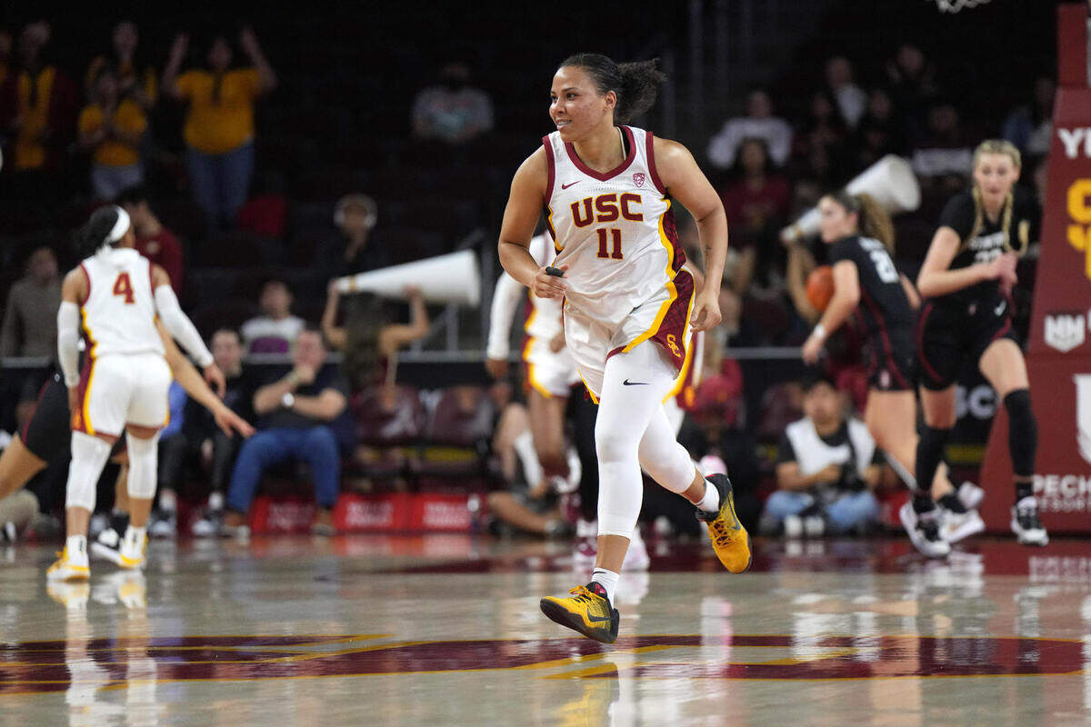 Jan 15, 2023; Los Angeles, California, USA; Southern California Trojans guard Destiny Littleton (11) celebrates in the first half against the Stanford Cardinal at Galen Center. USC defeated Stanford 55-46.