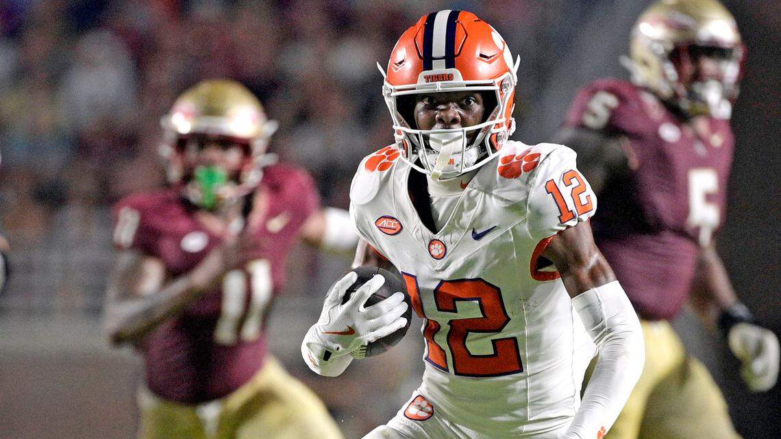 Oct 5, 2024; Tallahassee, Florida, USA; Clemson Tigers wide receiver Bryant Wesco Jr. (12) runs the ball against the Florida State Seminoles during the second half at Doak S. Campbell Stadium.