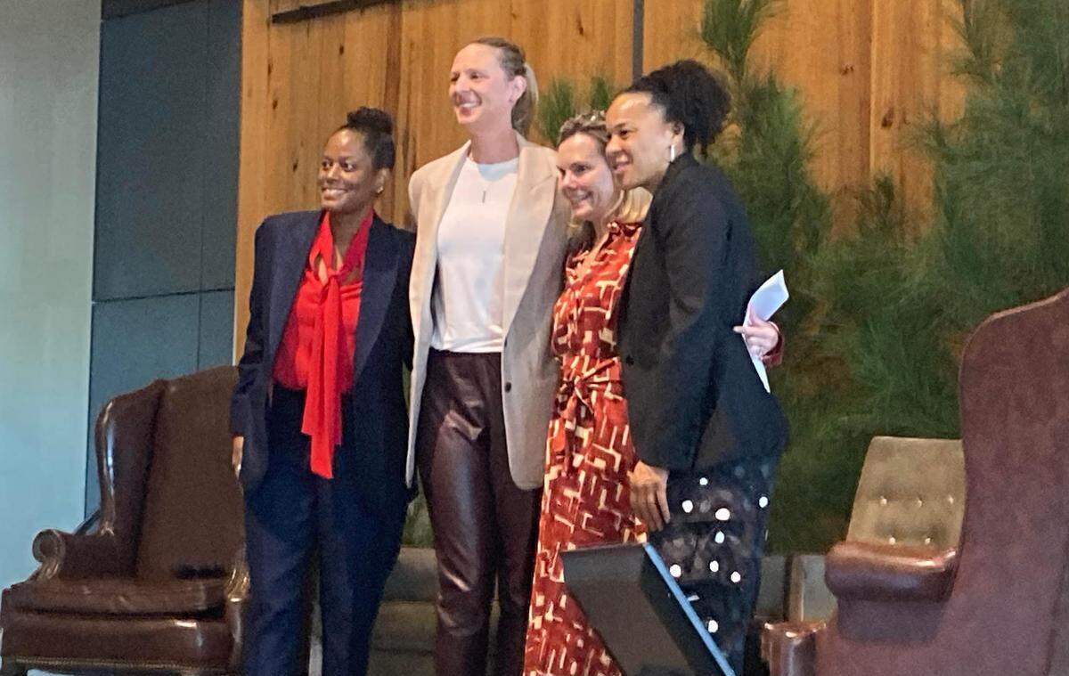 University of South Carolina women’s basketball coach Dawn Staley, far right, stands with panelists at a sustainability conference in Columbia on October 24, 2024. Others pictured are Angela O’Neal of Nextra Solutions, assistant USC women’s coach Mary Wooley and Ethel Bunch, founder of SustainSC.