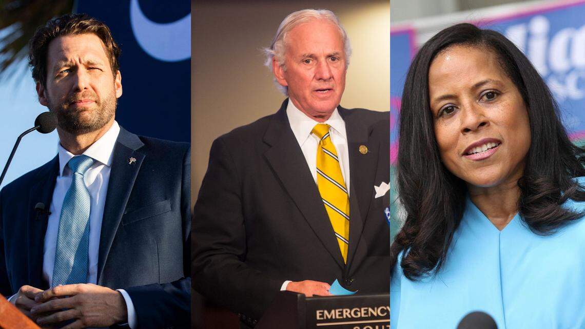 Pictured from left to right, former U.S. Rep. Joe Cunningham, Republican Gov. Henry McMaster and state Sen. Mia McLeod, D-Columbia.