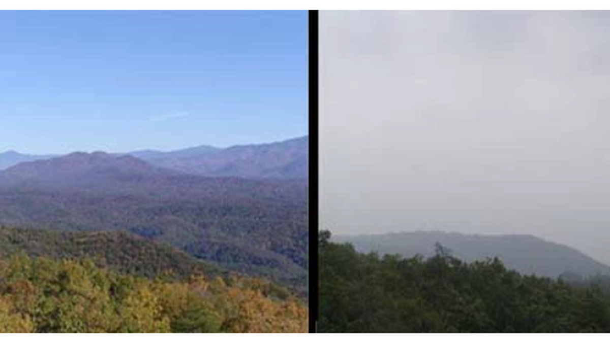 These images show how haze can obliterate views in national parks. The picture on the right shows haze from drifting air pollution. The picture on the left shows a clear day at a national park.