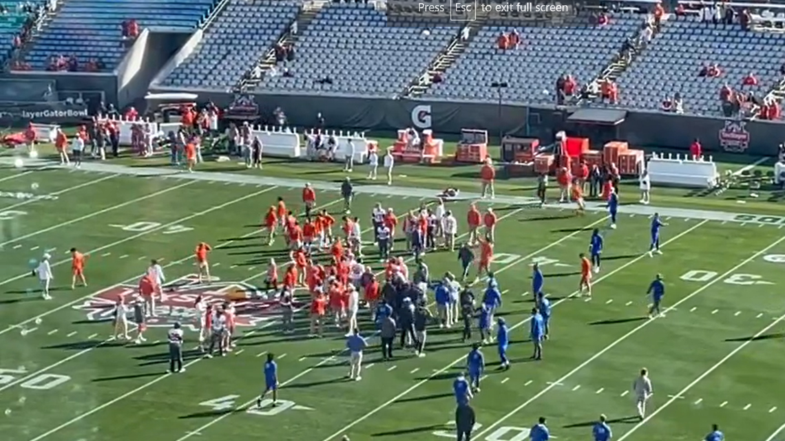 Clemson football assistant coach Nick Eason and other players were involved in a verbal altercation with Kentucky’s team at midfield ahead of the Gator Bowl on Friday, Dec. 29, 2023, at EverBank Stadium in Jacksonville, Florida.
