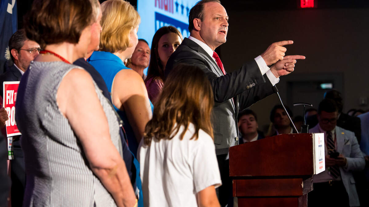Alan Wilson speaks to supporters at the Marriott in Columbia, S.C., on Tuesday, June 23, 2026. Wilson won a runoff for the Republican nomination for South Carolina governor.