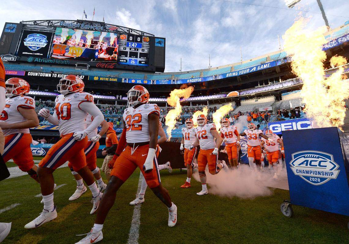 The Clemson Tigers run onto the field at Bank of America Stadium in Charlotte, NC on Saturday, December 19, 2020. The Clemson Tigers and Notre Dame Fighting Irish faced off in the ACC Championship game.