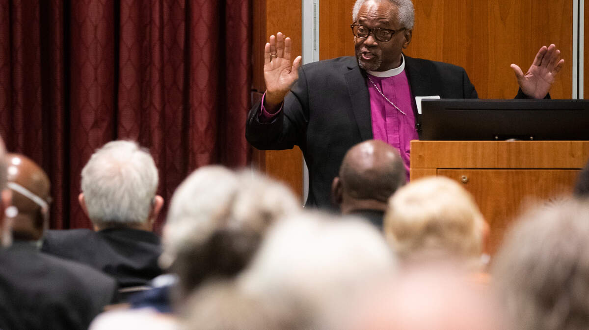 Bishop Michael Curry speaks to an audience at the University of South Carolina on Saturday, Oct. 30, 2021. After a speech on the role love can play in hearing national divisions, he and local leaders spoke about issue facing South Carolina.