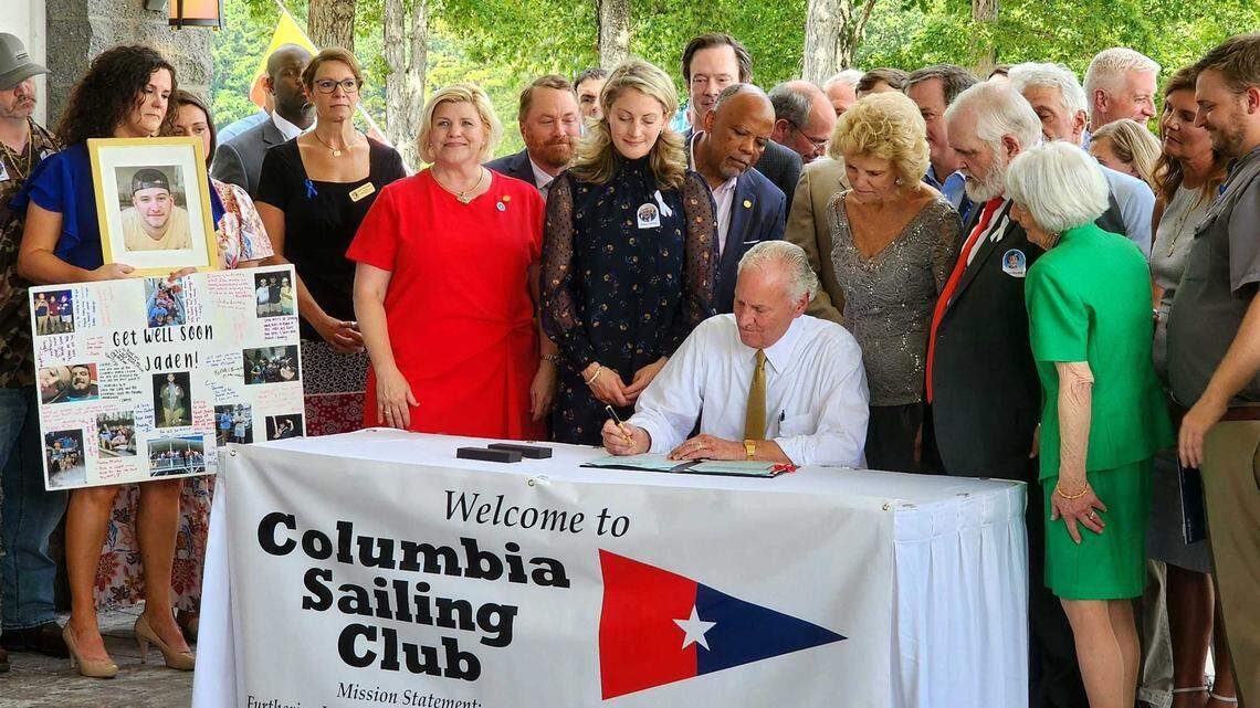 S.C. Gov. Henry McMaster ceremonially signs a boater education safety bill at the Columbia Sailing Club on Thursday, June 27, 2023.