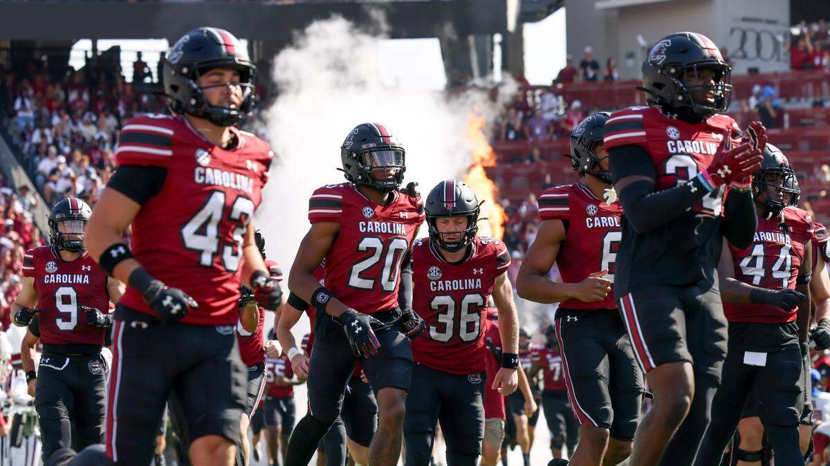 South Carolina enters the field before the Gamecocks’ game against Mississippi at Williams-Brice Stadium in Columbia on Saturday, October 5, 2024.