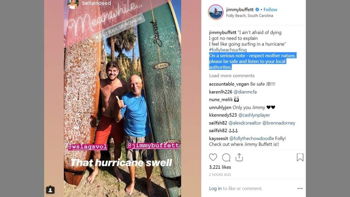 ‘Surfing in a Hurricane’: Jimmy Buffett spotted with his board on the SC coast