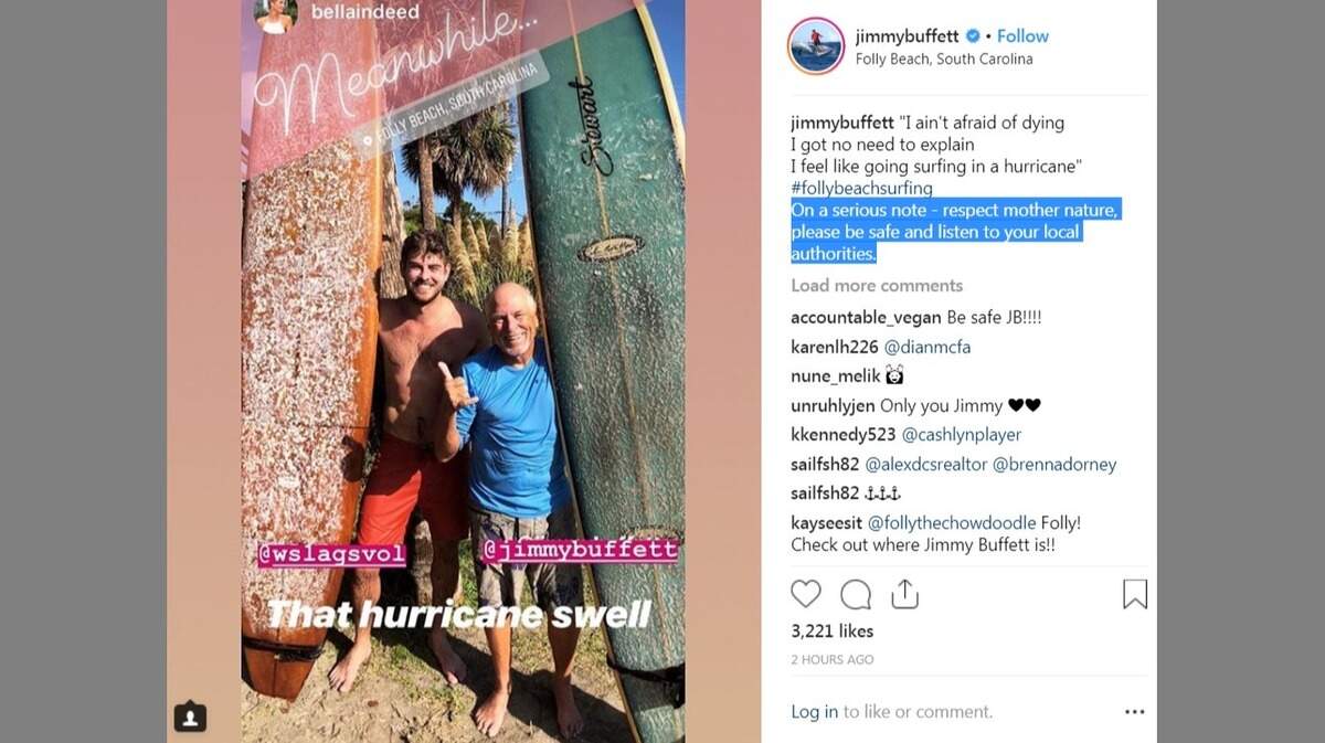 Screenshot of an Instagram post shows how Jimmy Buffett is reasoning with this hurricane season: By Surfing in it.