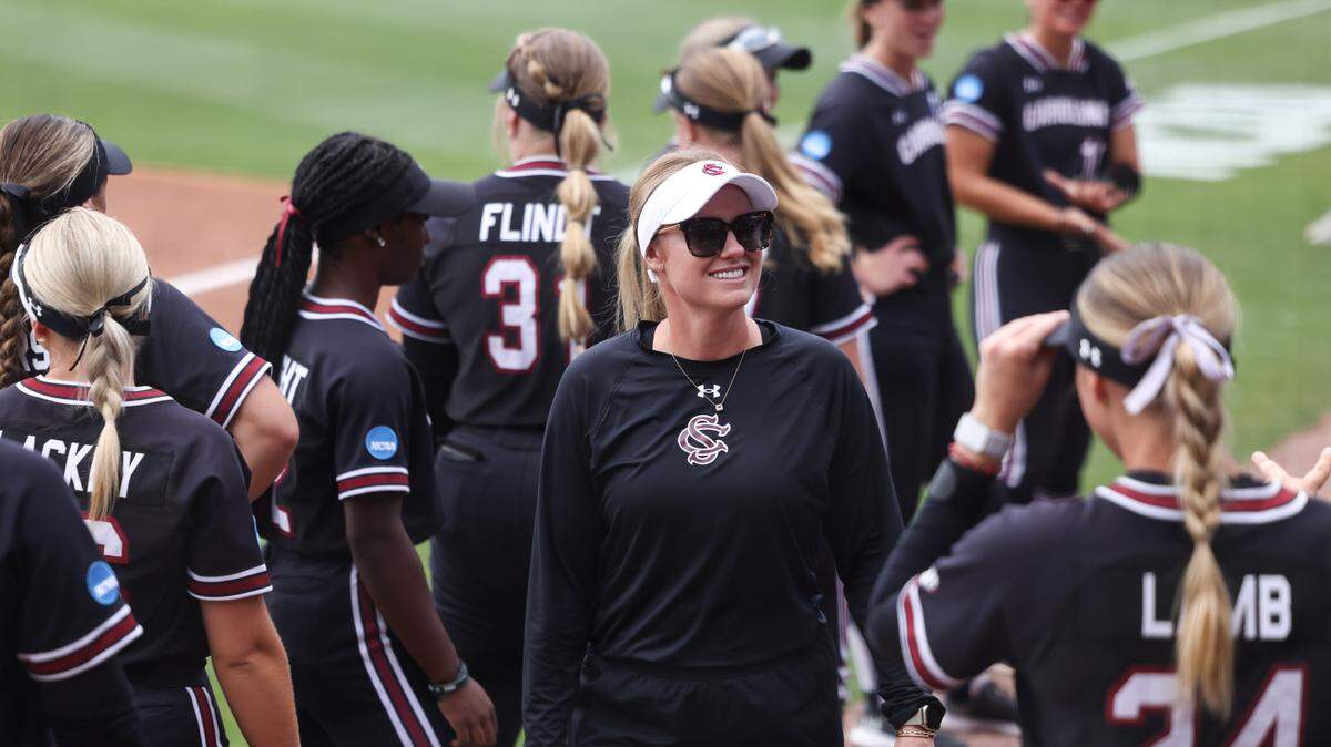 South Carolina head coach Ashley Chastain Woodard looks toward the stands before the Gamecocks’ game against UCLA at  Carolina Softball Stadium in Columbia on Saturday, May 24, 2025.



