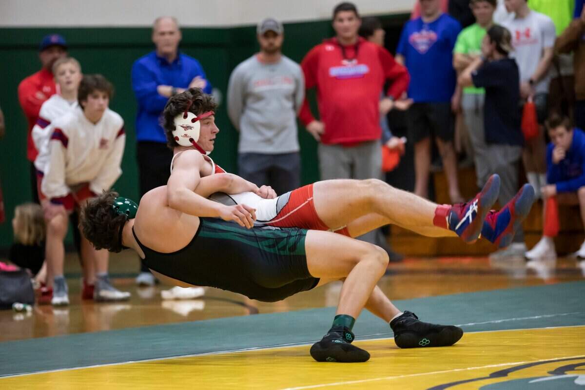 Austin Huff of Ben Lippen throws down by Aiden Palisin of the Hammond School during the SCISA 2022 Duals State Wrestling Tournament at Ben Lippen on Saturday, February 5, 2022.