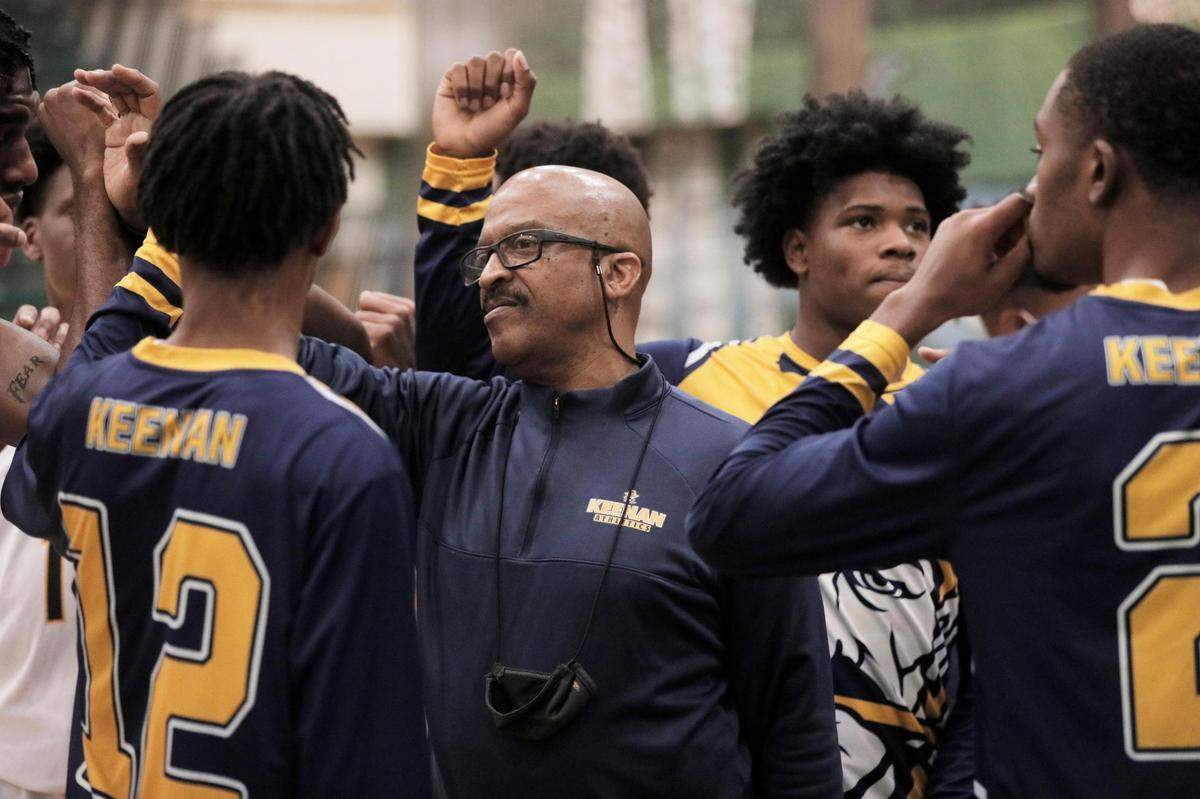 Keenan’s head coach Zach Norris speaks to his team before they play Carmel in the Chick-Fil-A Classic at River Bluff High School on Wednesday, December 29, 2021.