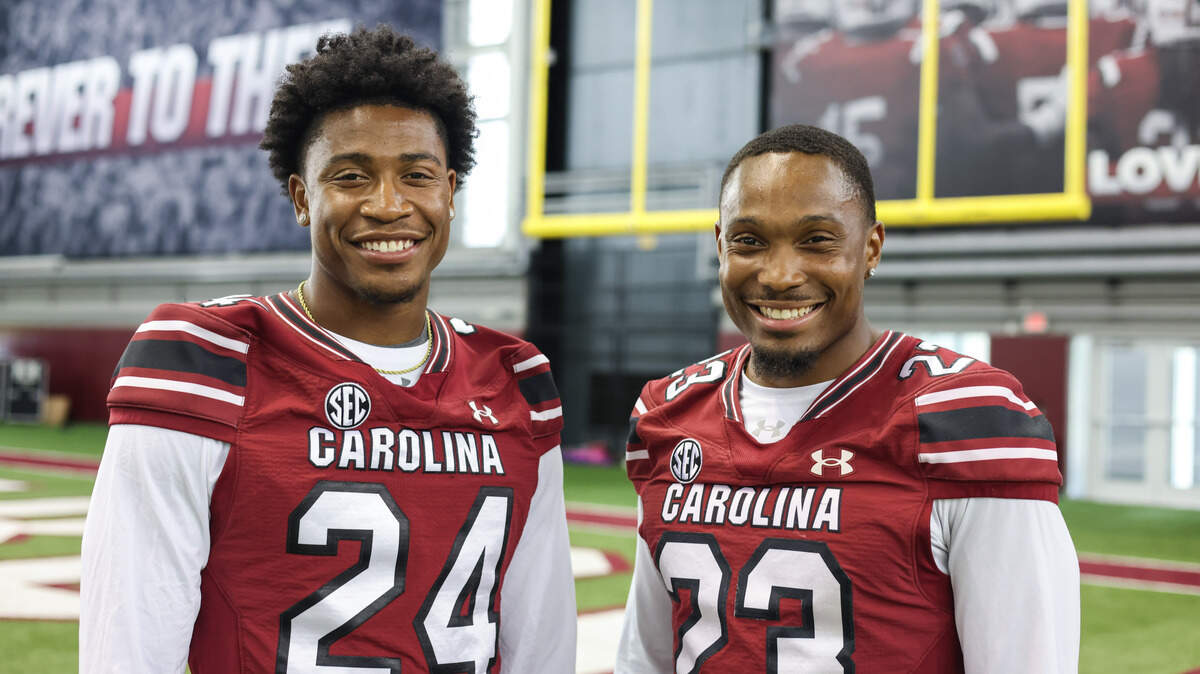 South Carolina defensive back Jalon Kilgore (24) and his brother, defensive back Gerald Kilgore (23), are seen during Media Day in Columbia on Thursday, July 31, 2025.