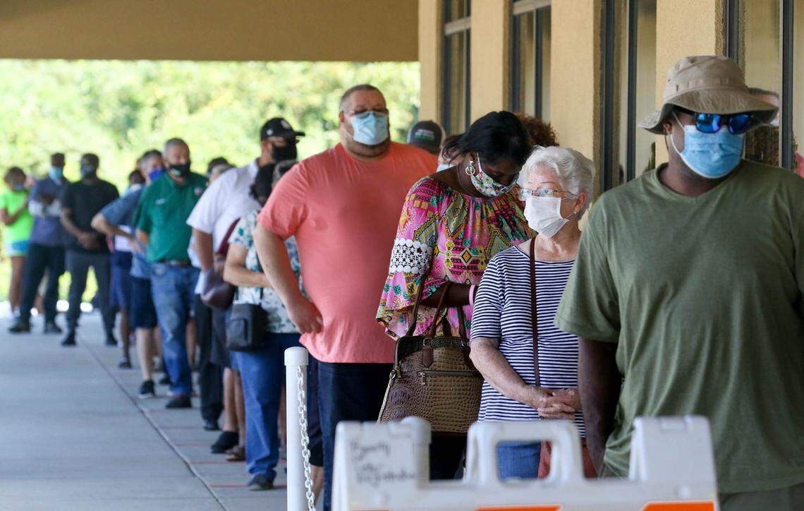 People wait to cast their ballots at the Lexington County Administration building on Oct. 13, 2020.