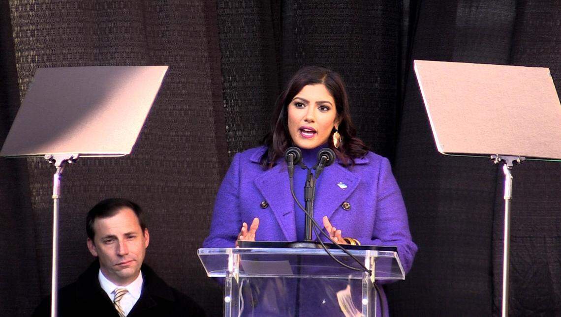 Aditi Bussells speaks to a crowd after being sworn in as a member of Columbia City Council during an inauguration ceremony on Tuesday, Jan. 4, 2022.