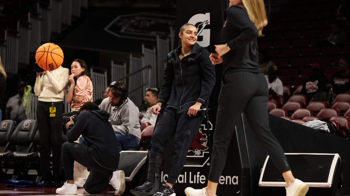 South Carolina guard Tessa Johnson (5) stands along the baseline before the Gamecocks’ game against the Tigers at Colonial Life Arena in Columbia on Thursday, November 16, 2023.
