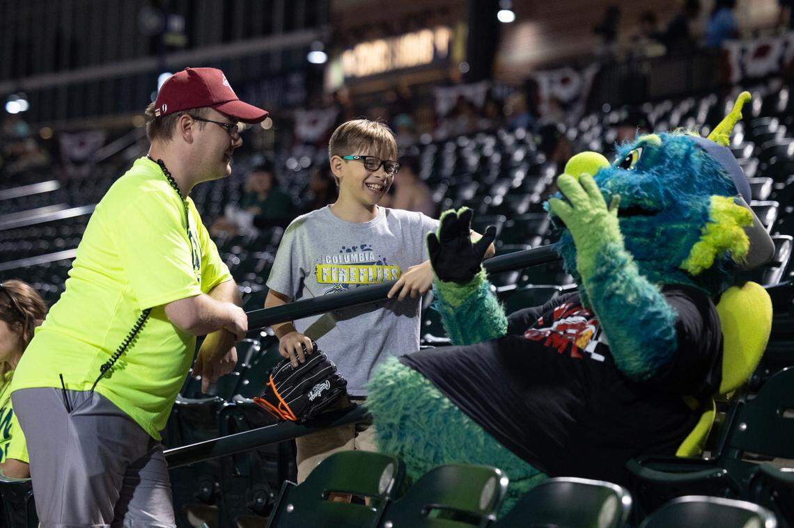 Mason, as performed by The State reporter Chris Trainor, entertains fans at Segra Park as the Fireflies play the Pelicans on Thursday, April 11, 2024.