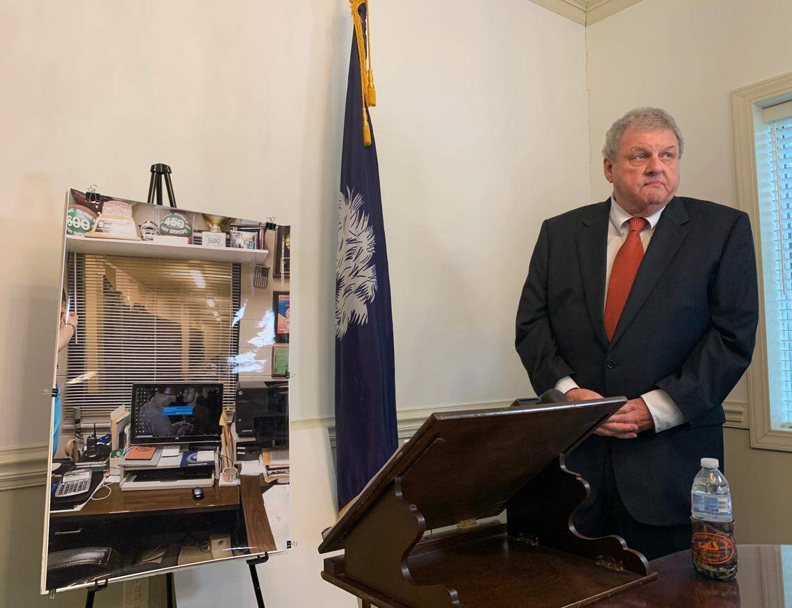 Attorney Larry Richter of Mount Pleasant holds a news conference Thursday, Feb. 4, 2021 to discuss the details of a $300 million lawsuit filed against the Roman Catholic Diocese of Charleston and Bishop England High School, a private Catholic high school on Daniel Island. The suit claims three windows in student locker rooms enabled adults to view minors as they undressed. Caitlin Byrd/The State