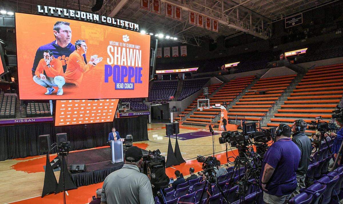 Shawn Poppie, Clemson University Tigers women’s basketball coach speaks during a press conference introducing him at Littlejohn Coliseum in Clemson, S.C. Monday, April 2, 2024.