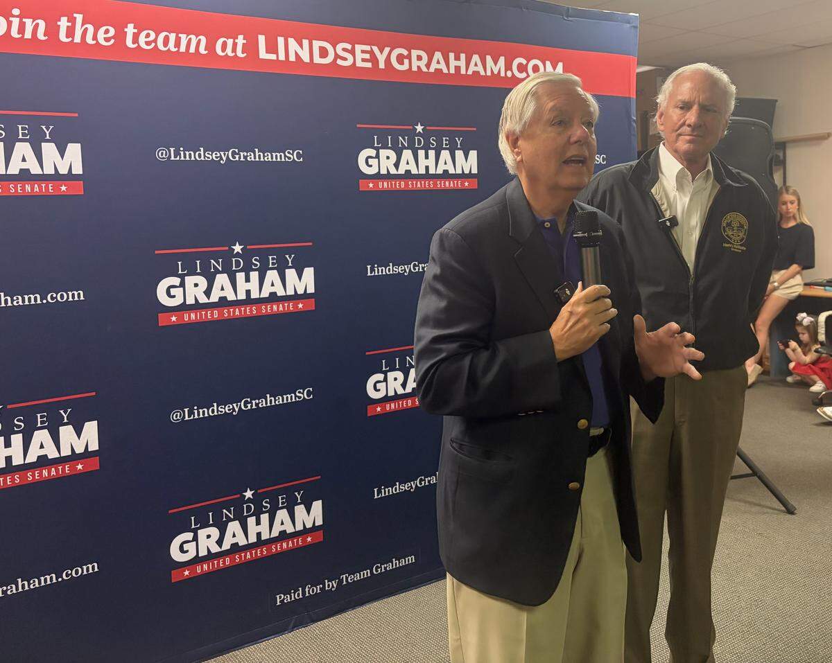 U.S. Sen. Lindsey Graham campaigns in Columbia with Gov. Henry McMaster on May 30, 2026.