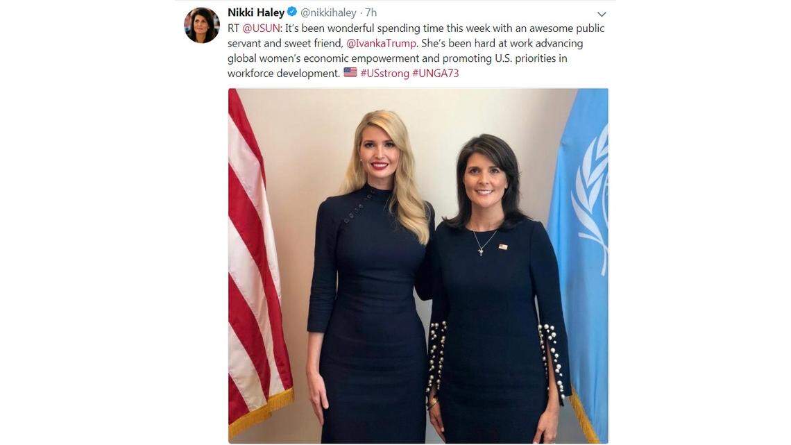 This screenshot shows a picture of First Daughter Ivanka Trump, left, and U.S. Ambassador to the United Nations Nikki Haley.