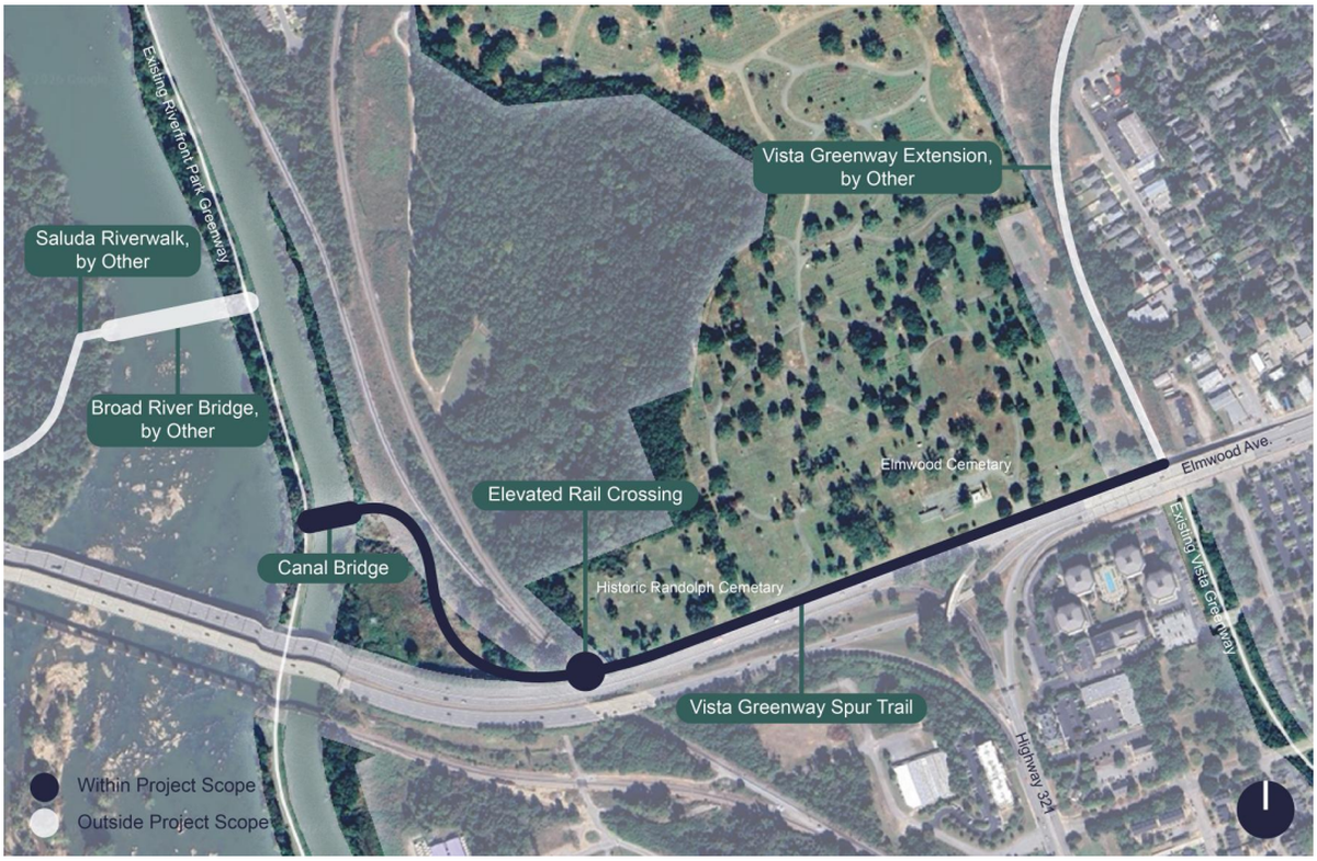 The city of Columbia is considering building a new trail connecting the Vista Greenway to the Columbia Canal and Riverfront Park. A map of the potential project was included in a request to prospective designers.