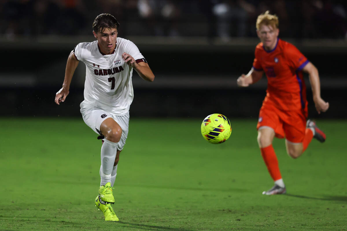 South Carolina forward Bryce Griffith (7) brings the ball up the field during the Gamecocks’ game against Tigers in Columbia on Friday, August 30, 2024.