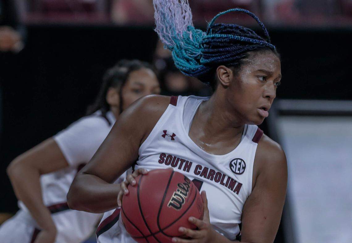 South Carolina Gamecocks forward Aliyah Boston (4) drives the ball downcourt during the second half of action against the Temple Owls at the Colonial Life Arena. The Gamecocks won, 103-41