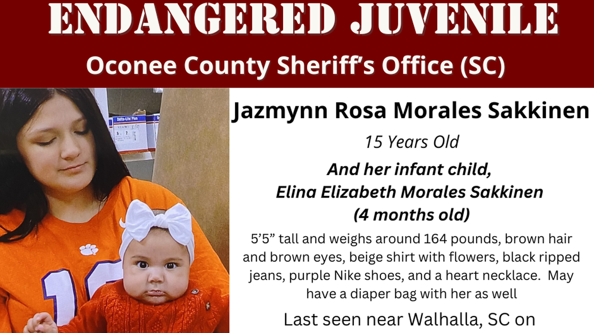 Deputies with the Oconee County Sheriff’s Department are searching for a 15-year-old girl and her four-month-old daughter, who were both reported missing March 21, 2026.