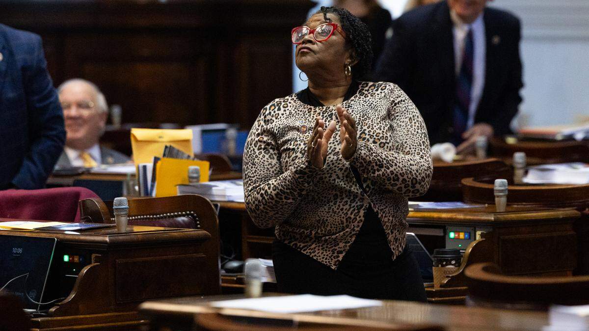 South Carolina State Representative Annie McDaniel, D-Fairfield, looks up to greet visitors before the house debates amendments to the state budget on Tuesday, March 11, 2025.