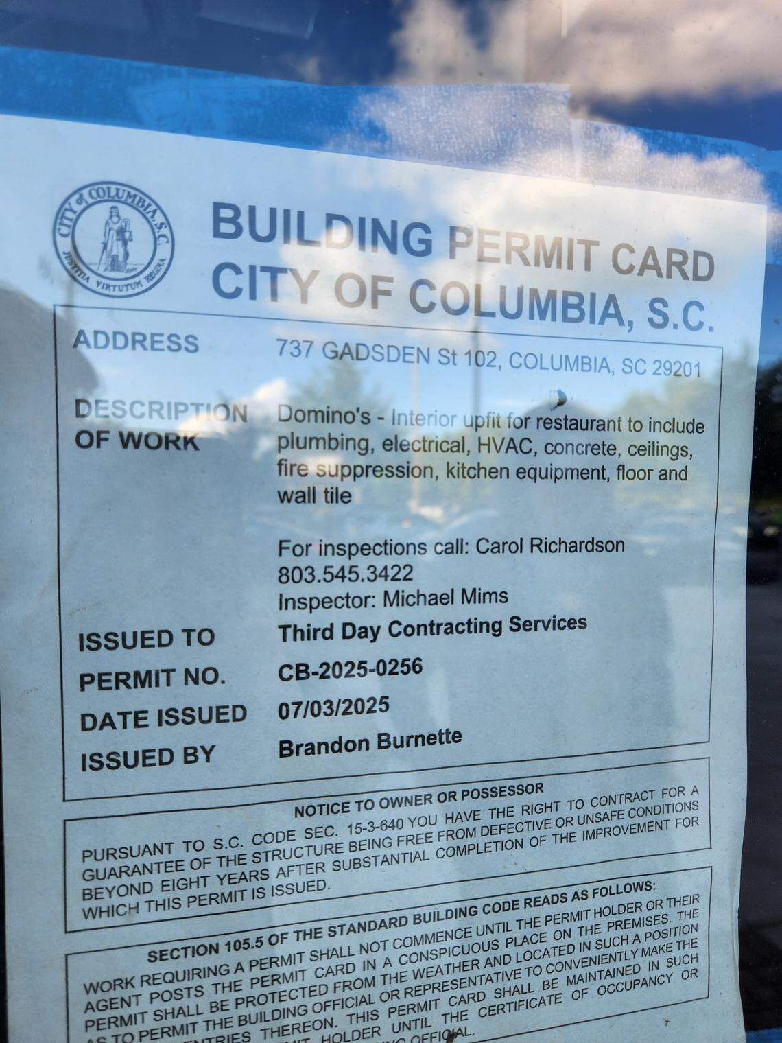 A building permit notes a Domino's is being prepped at the Gateway 737 development near Colonial Life Arena in Columbia.