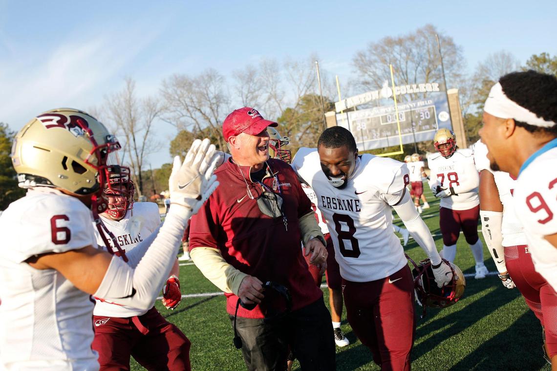 Erskine head coach Shap Boyd reacts after getting a Gatorade bath after the win Saturday over the Barton Bulldogs.