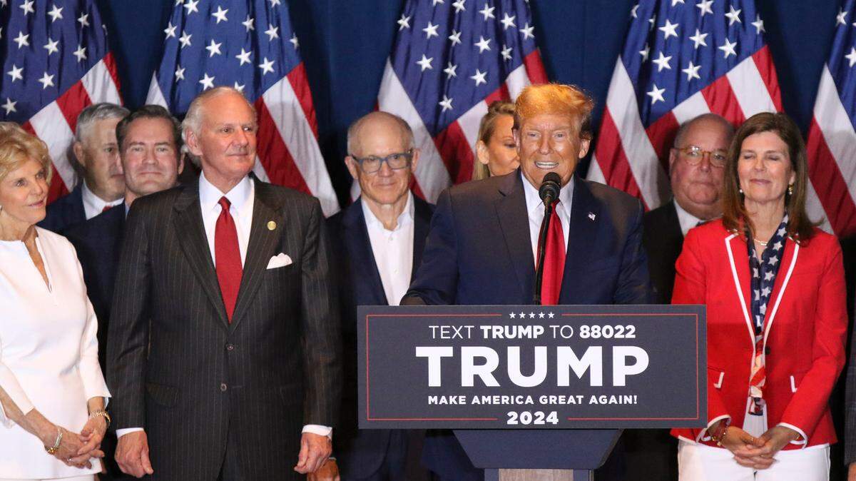 Donald Trump speaks to a crowd gathered at the South Carolina State Fairgrounds on Saturday, Feb. 24, 2024. Trump was declared the winner of the South Carolina primary.