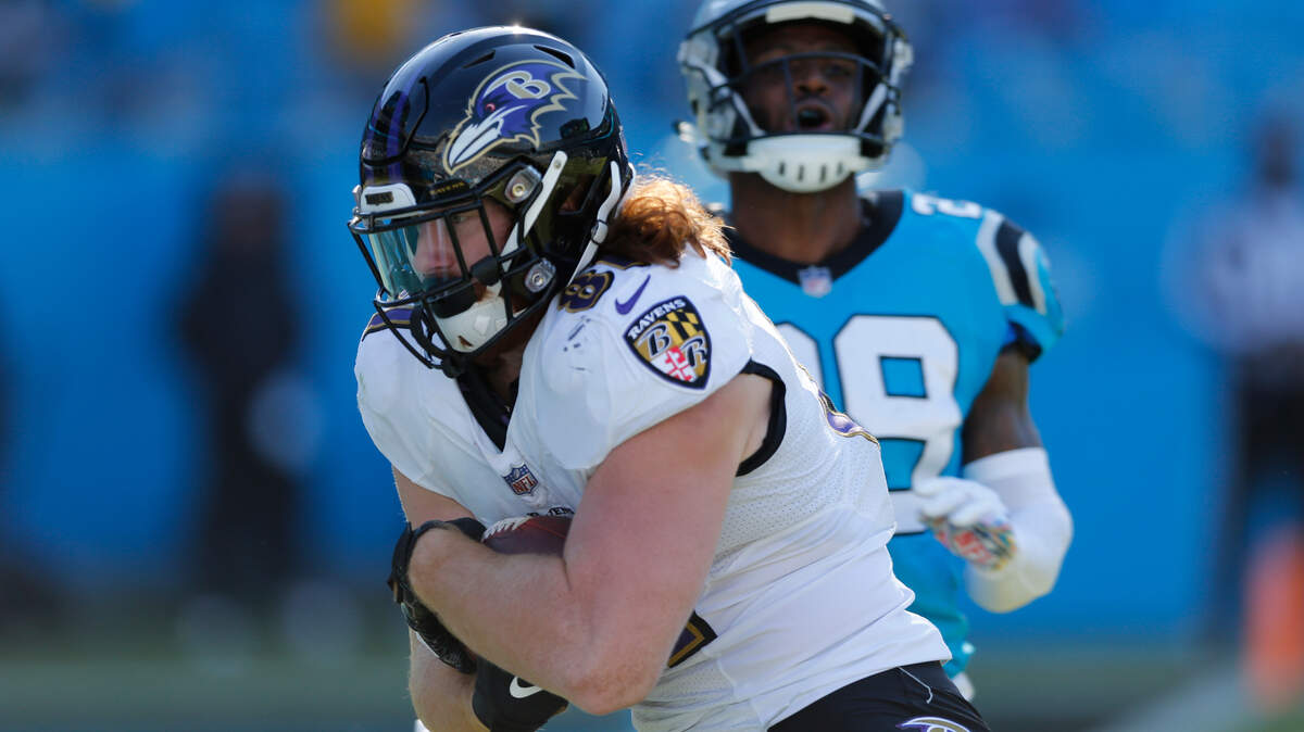 Baltimore Ravens’ Hayden Hurst (81) catches a touchdown pass against the Carolina Panthers in the second half of an NFL football game in Charlotte, N.C., Sunday, Oct. 28, 2018.