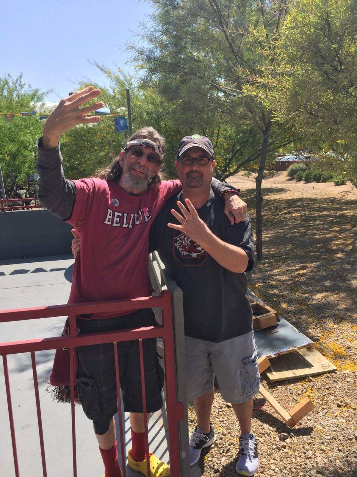 Carlton Thompson aka Gamecock Jesus, left, and Chris Trainor during a chance meeting in Glendale, Arizona in 2017 during the Final Four.