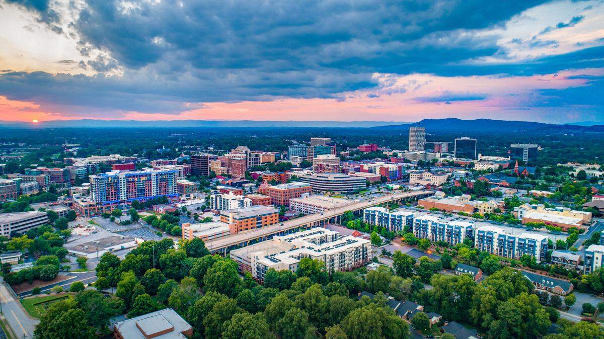 Greenville South Carolina SC Skyline Aerial at Sunset.