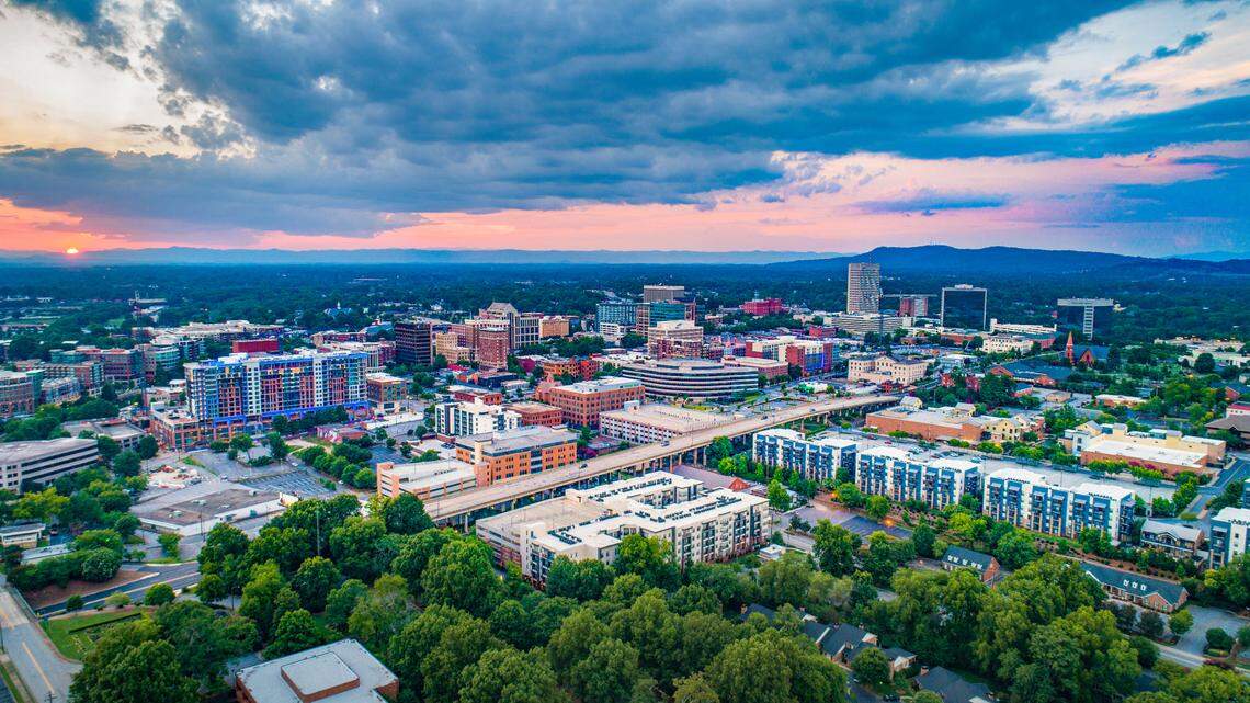 Greenville South Carolina SC Skyline Aerial at Sunset.