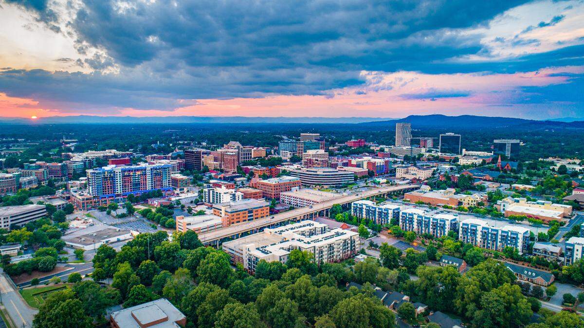 Greenville South Carolina Skyline Aerial at Sunset.