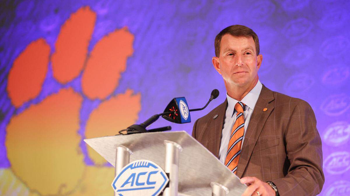 Clemson head coach Dabo Swinney listens to a question during an NCAA college football news conference at the Atlantic Coast Conference media days in Charlotte, N.C., Thursday, July 22, 2021. (AP Photo/Nell Redmond)