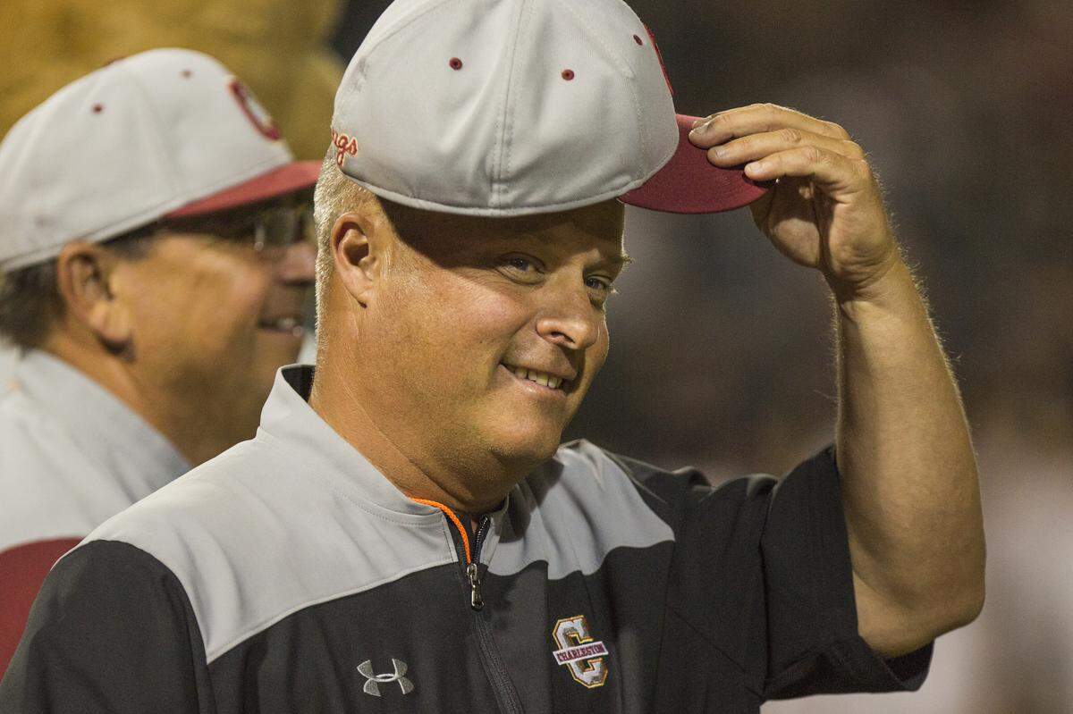 College of Charleston head coach Chad Holbrook smiles after beating South Carolina at Spirit Communications Park on May 9, 2018, in Columbia, SC.