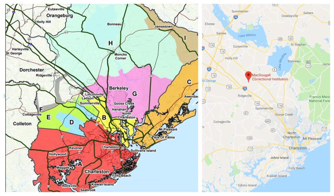 Right: A map of the evacuation zone in the central coastal part of South Carolina published by the S.C. Emergency Management Division.Left: A Google Map’s image of MacDougall Correctional Institution.