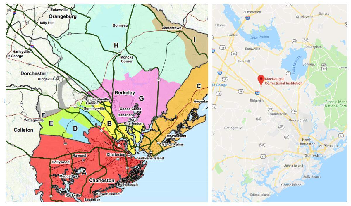 Right: A map of the evacuation zone in the central coastal part of South Carolina published by the S.C. Emergency Management Division.Left: A Google Map’s image of MacDougall Correctional Institution.