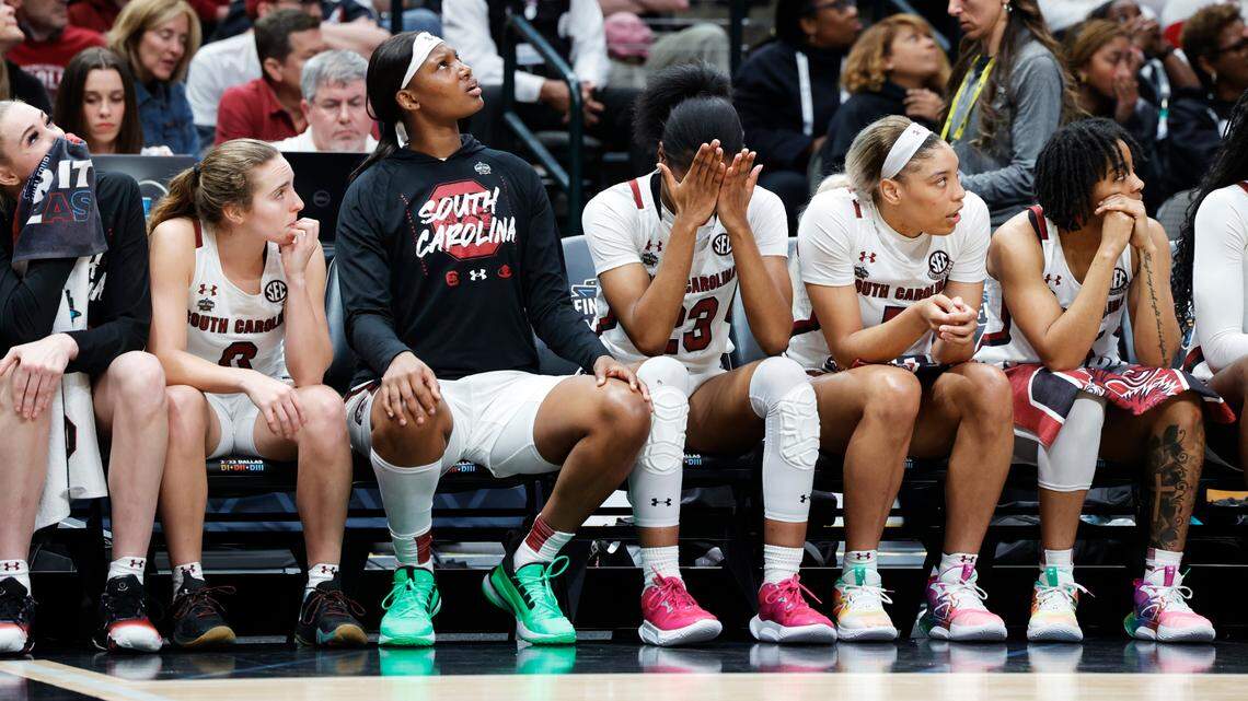 South Carolina watches as Iowa’s lead grows larger in the NCAA Tournament Final Four game at the American Airline Center on Friday, March 31, 2023.
