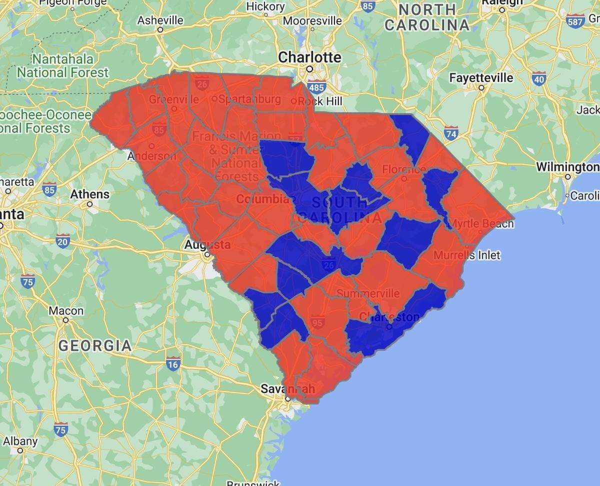 An image that shows which South Carolina counties swung Republican and which ones swung Democrat in the election for governor on Tuesday.