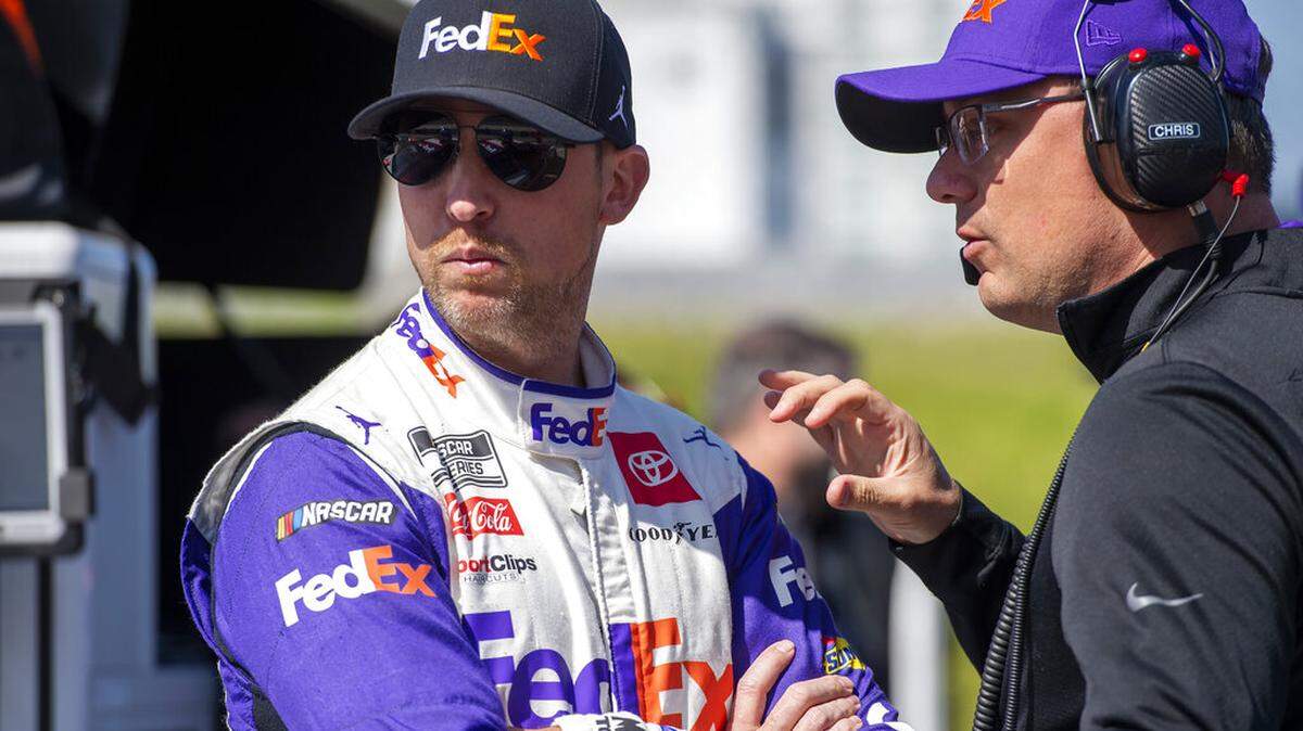 Denny Hamlin (11) before a NASCAR Xfinity Series auto race at Dover Motor Speedway, Saturday, April 30, 2022, in Dover, Del.