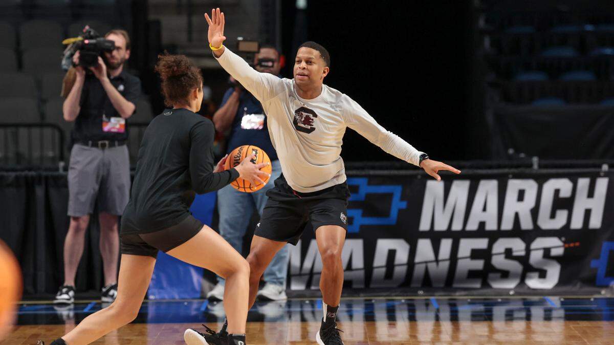 University of South Carolina Assistant Coach Winston Gandy leads the Gamecocks through practice at the Legacy Arena in Birmingham on Thursday, March 27, 2025. The Gamecocks will play the Maryland Terrapins in the Birmingham 2 regional of the NCAA Tournament at Legacy Arena.