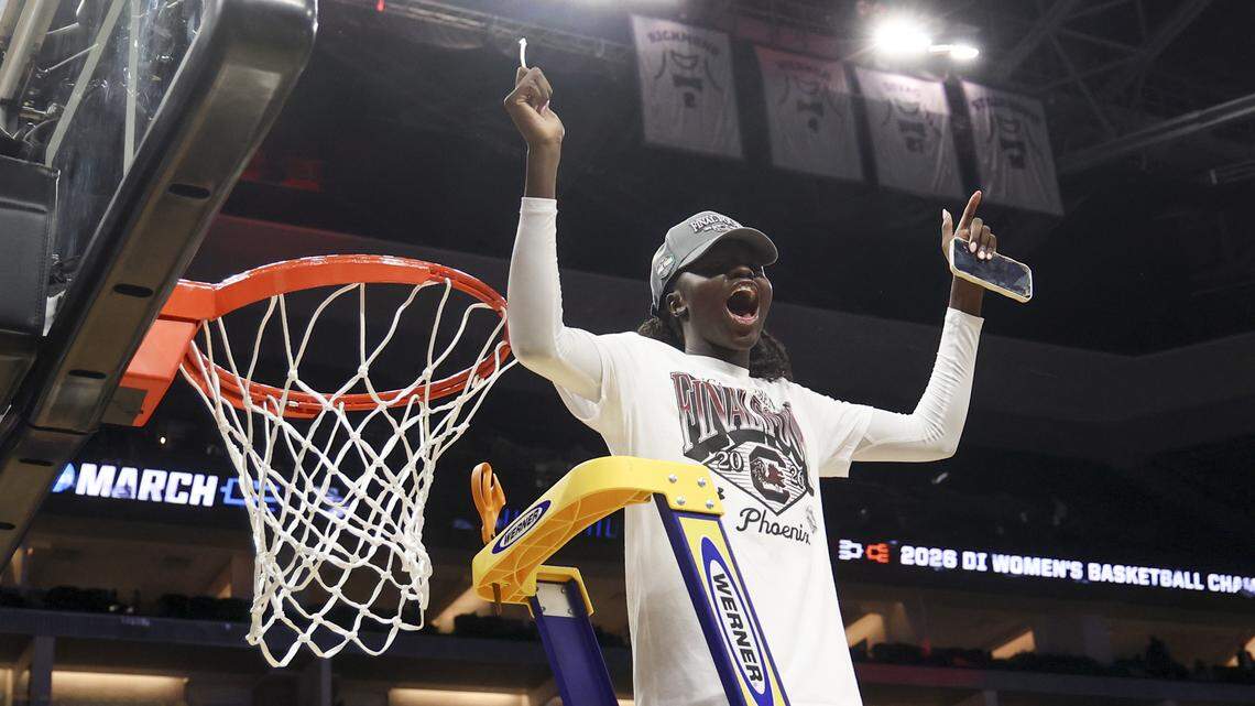 South Carolina's Agot Makeer (44) celebrates the Gamecocks Elite Eight win over TCU on Monday, March 30, 2026 in Sacramento, Calif. The University of South Carolina advances to the NCAA Tournament Final Four.