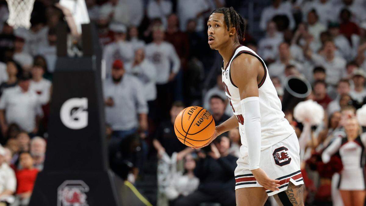 South Carolina guard Meechie Johnson (5) plays Ole Miss at Colonial Life Arena on Tuesday, February 6, 2024.