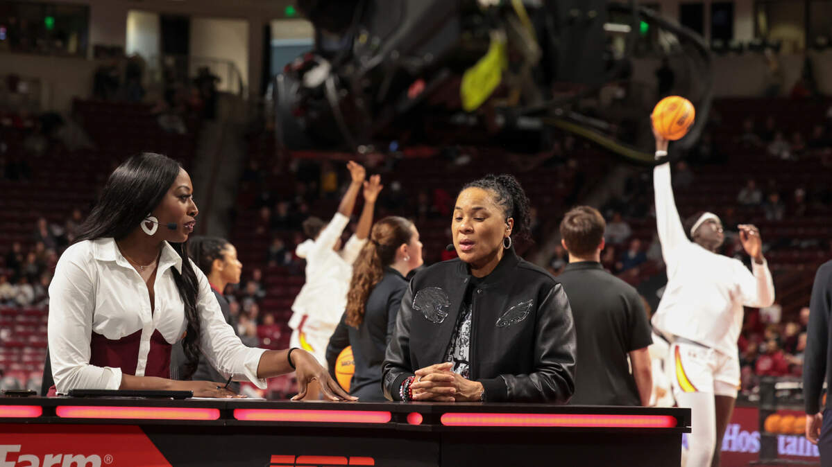 University of South Carolina head coach Dawn Staley speaks with Chiney Ogwumike on ESPN College GameDay at the Colonial Life Arena on Sunday, Feb. 16, 2025.