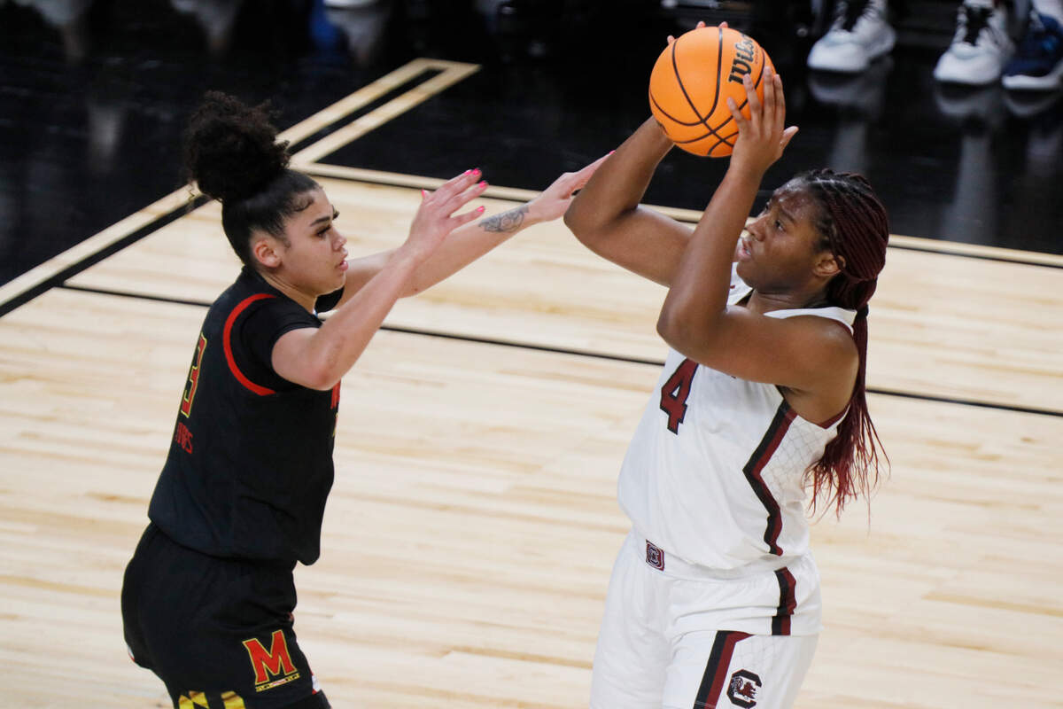 South Carolina Gamecocks forward Aliyah Boston (4) plays Maryland at the Bon Secours Wellness Arena in Greenville, South Carolina on Monday, March 27, 2023.